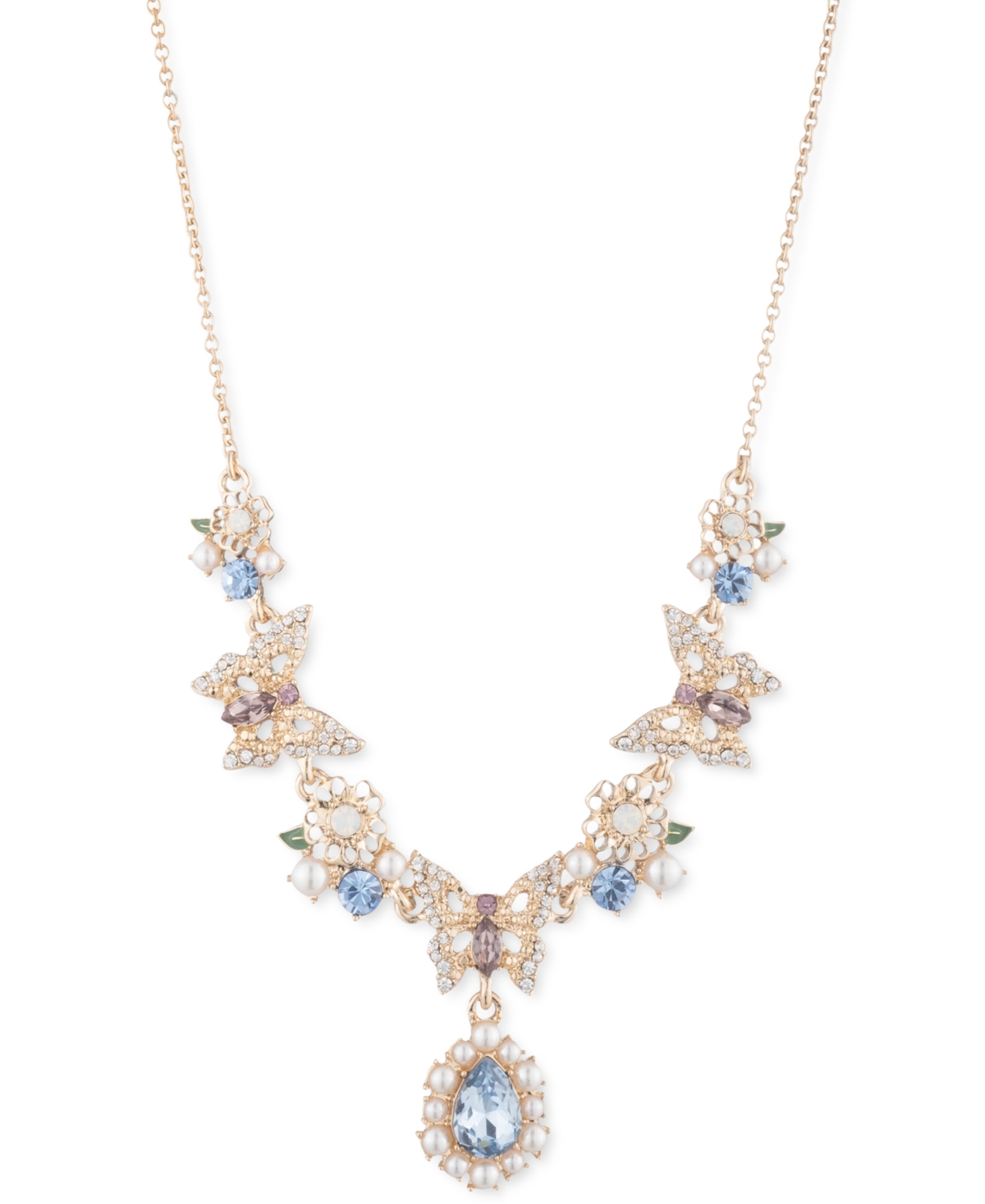 MARCHESA GOLD-TONE COLOR CRYSTAL & IMITATION PEARL FILIGREE BUTTERFLY STATEMENT LARIAT NECKLACE, 16" + 3" EXT