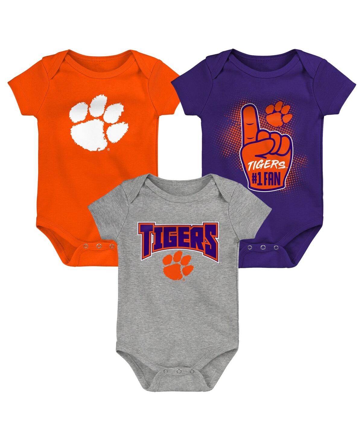 Infant Boys and Girls Purple, Heathered Gray Clemson Tigers 3-Pack Game On Bodysuit Set - Orange