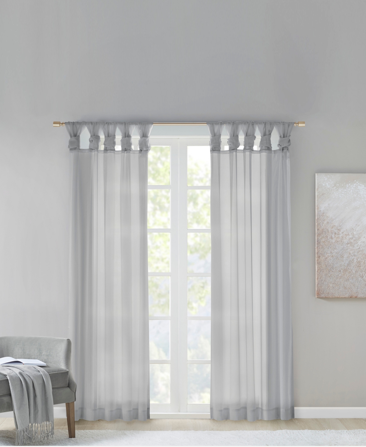 Ceres Twist Tab Voile Sheer Window Curtain Pair, 50"W x 95"L, 2 Pack - Light Grey