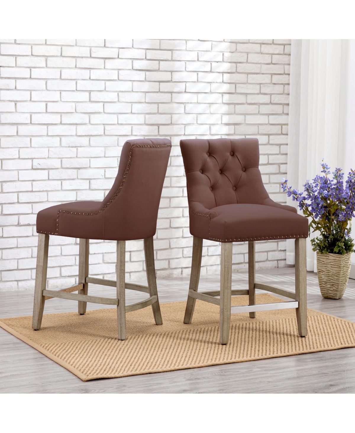 24" Linen Tufted Buttons Upholstered Wingback Counter Stool (Set of