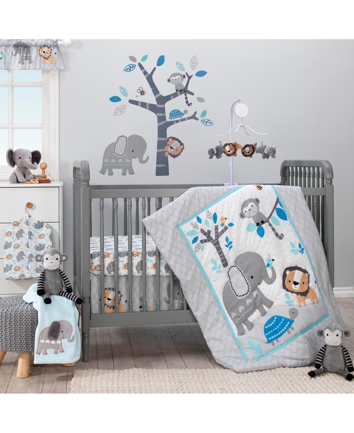 Bedtime Originals Baby Jungle Fun White/Gray/Blue Elephant & Lion Fitted Crib Sheet