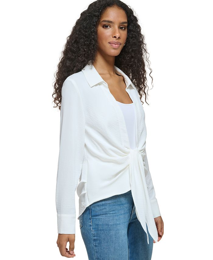 Tie Front Collared Neck Long Sleeve Dress