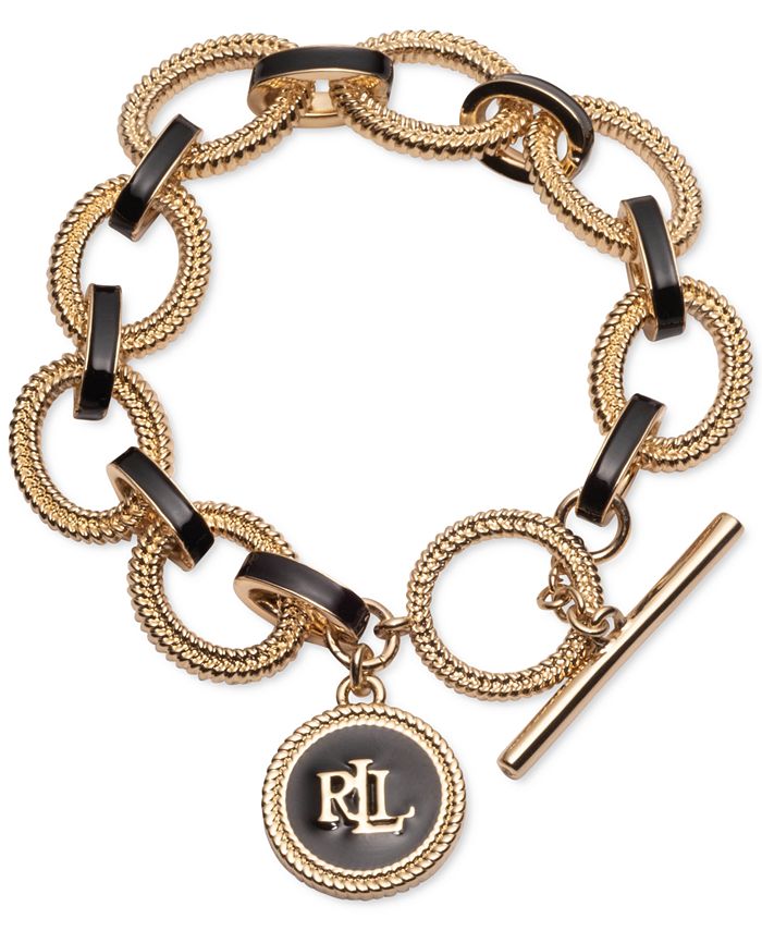 Lauren Ralph Lauren Gold-Tone Logo Charm Textured & Jet Link Flex Bracelet  & Reviews - Bracelets - Jewelry & Watches - Macy's
