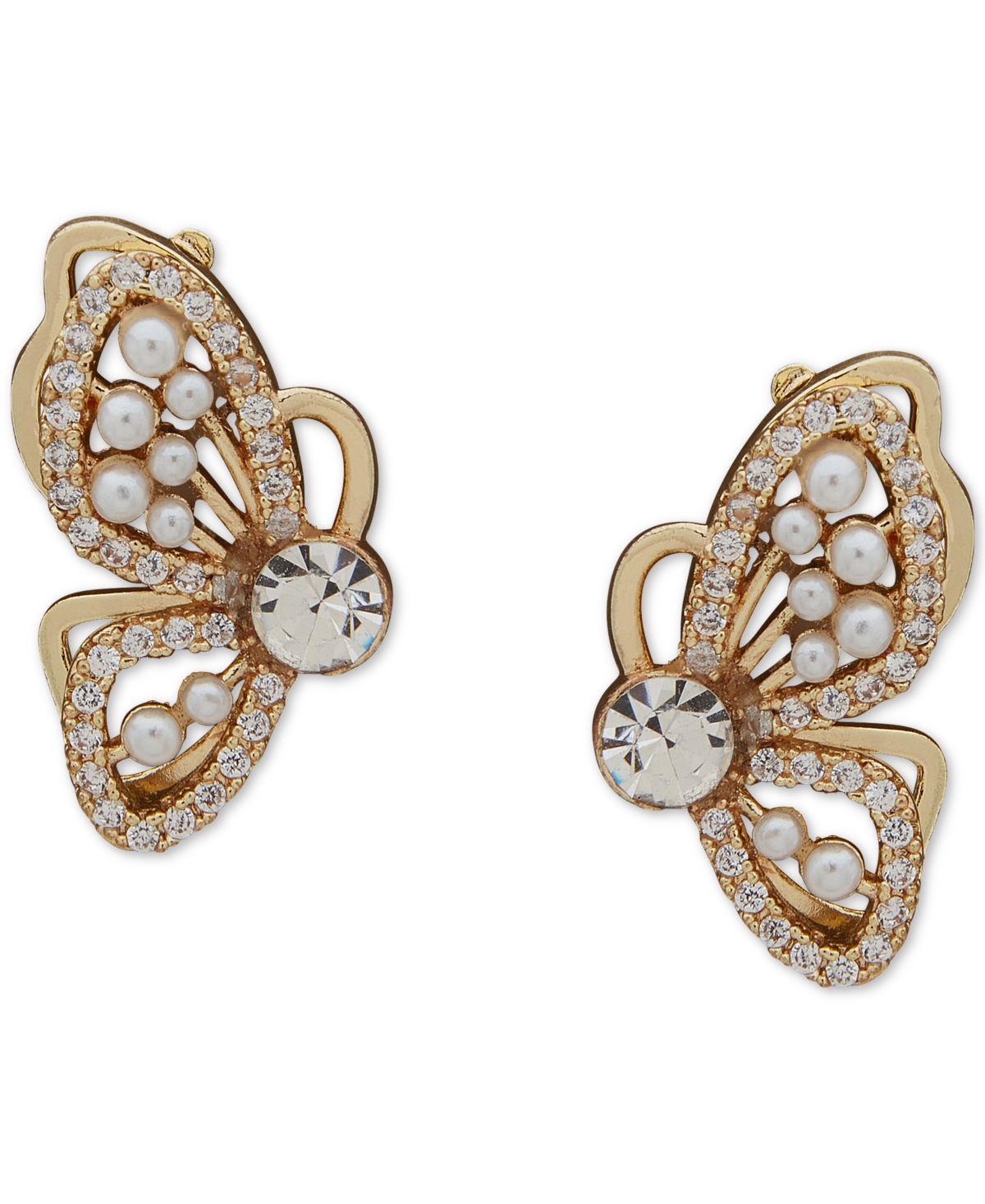 Lonna & Lilly Gold-tone Pave & Imitation Pearl Filigree Butterfly Stud Earrings In White