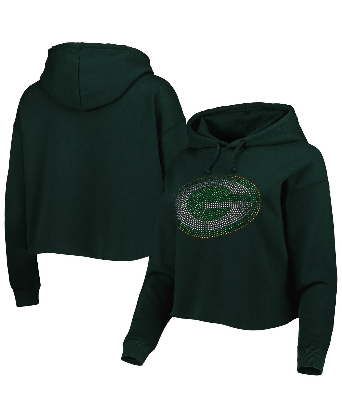 Women's Cuce Green Green Bay Packers Crystal Logo Cropped Pullover Hoodie - Green