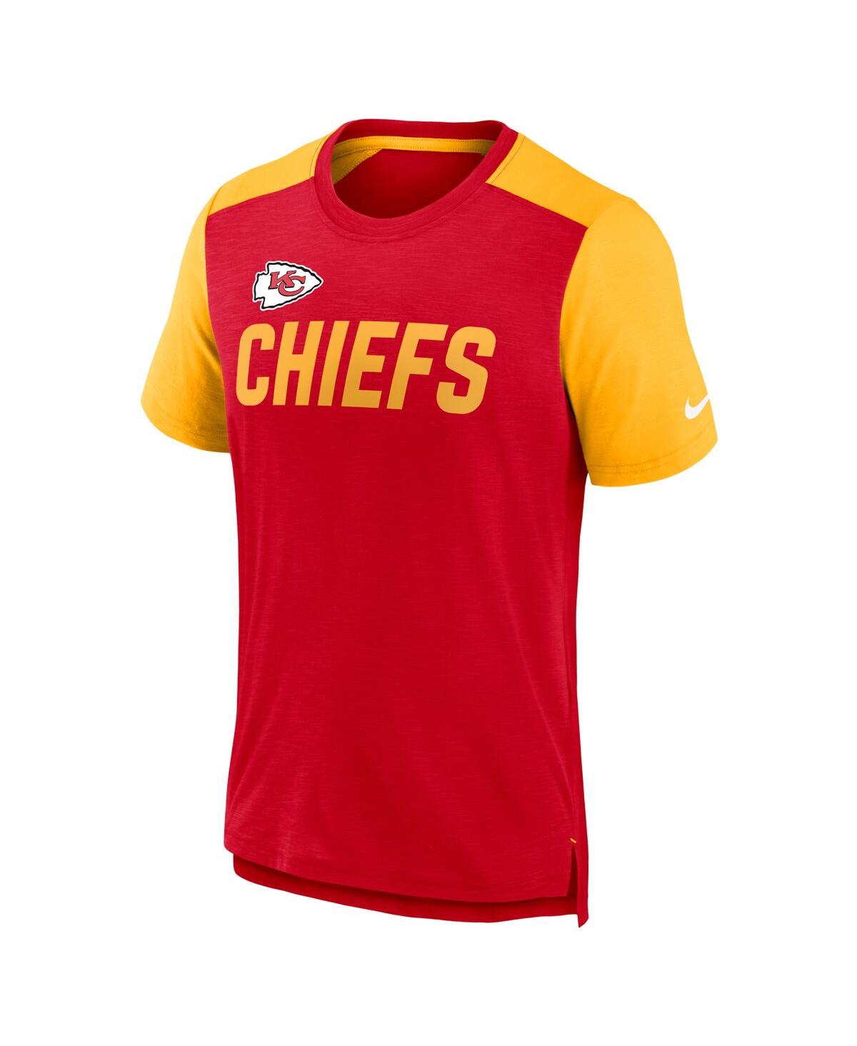 Shop Nike Men's  Heathered Red, Heathered Gold Kansas City Chiefs Color Block Team Name T-shirt In Heathered Red,heathered Gold