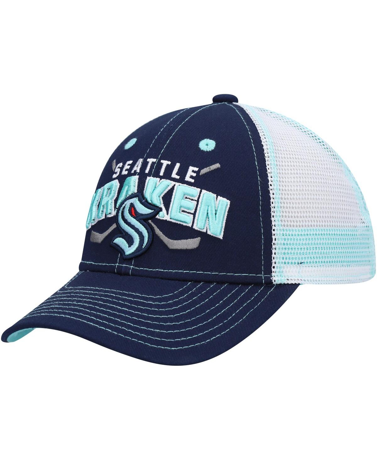 Outerstuff Kids' Big Boys And Girls Deep Sea Blue And White Seattle Kraken Core Lockup Trucker Snapback Hat In Deep Sea Blue,white