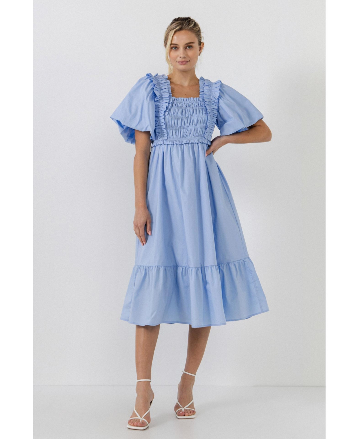 English Factory Ruffled Smocked Midi Dress In Blue ModeSens