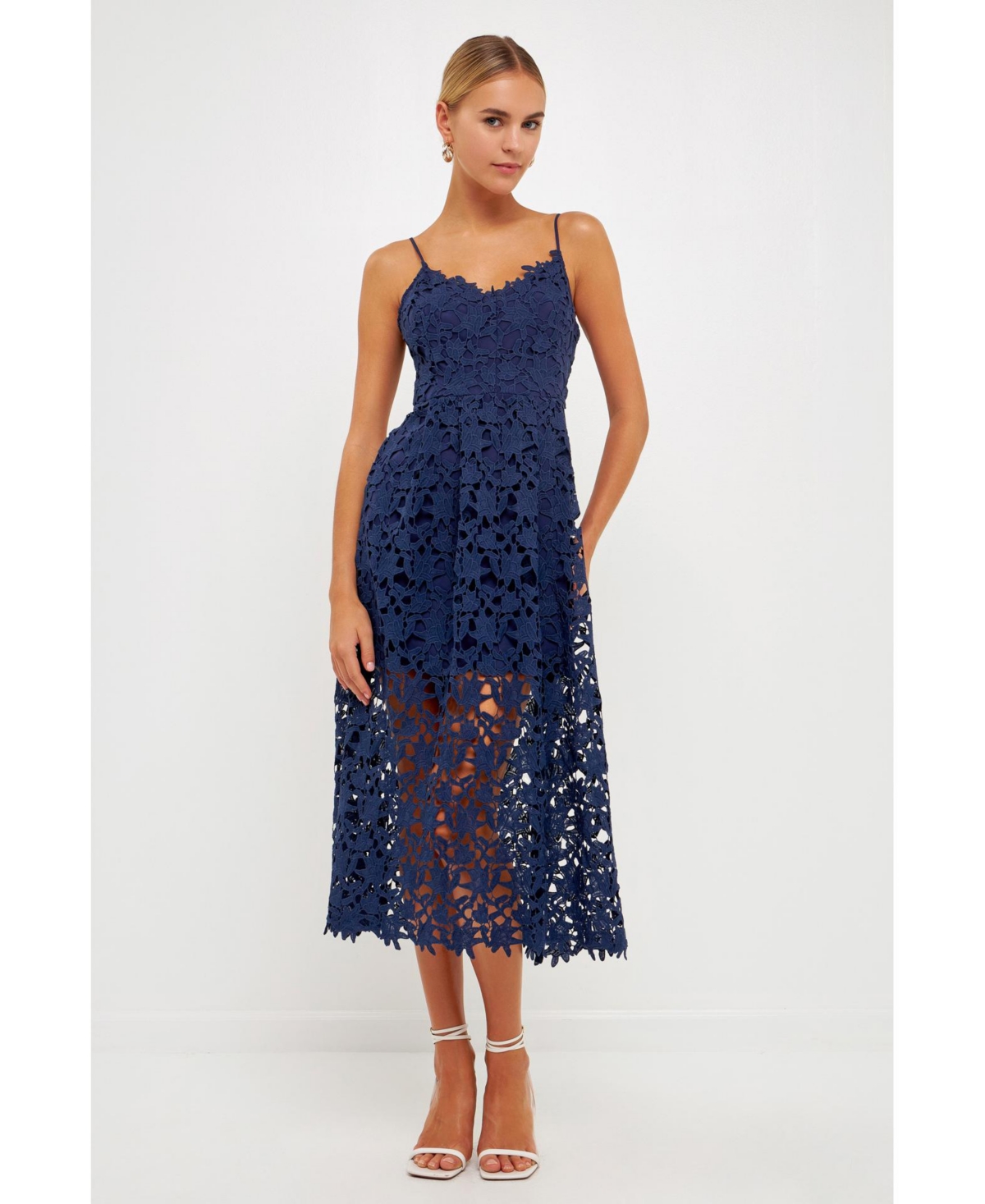 Endless Rose Lace Spaghetti Strap Midi Dress In Navy