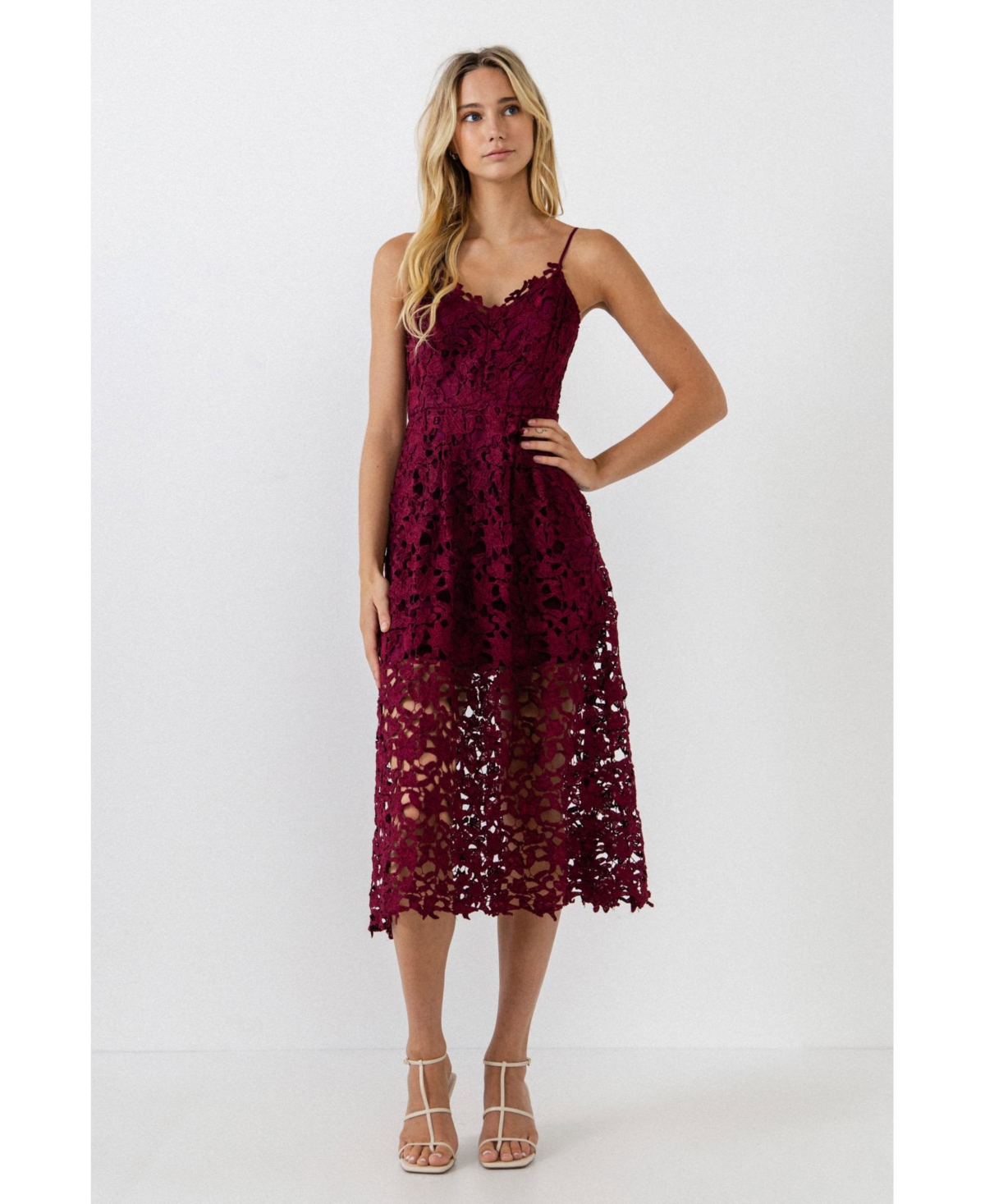 Endless Rose Lace Spaghetti Strap Midi Dress In Burgundy