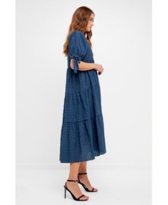Women's Gingham Tiered Midi Dress with Bow Tie Sleeves