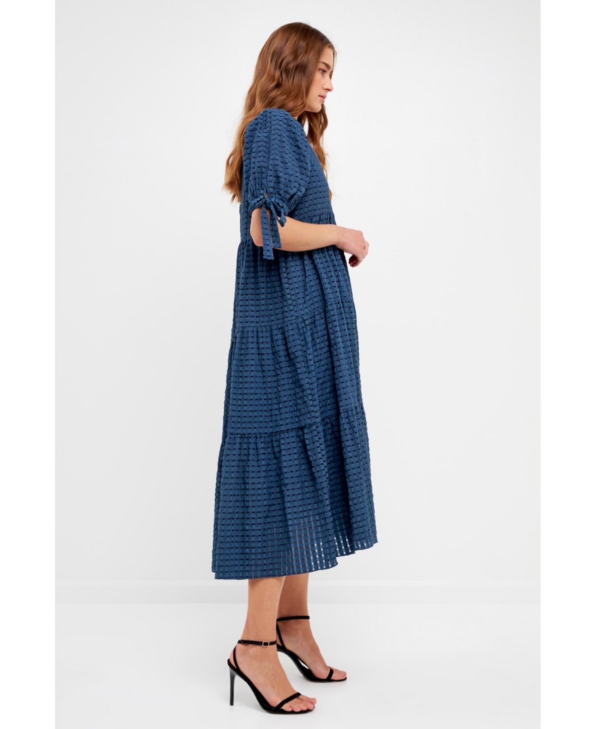 English Factory Women's Gingham Tiered Midi Dress with Bow Tie Sleeves