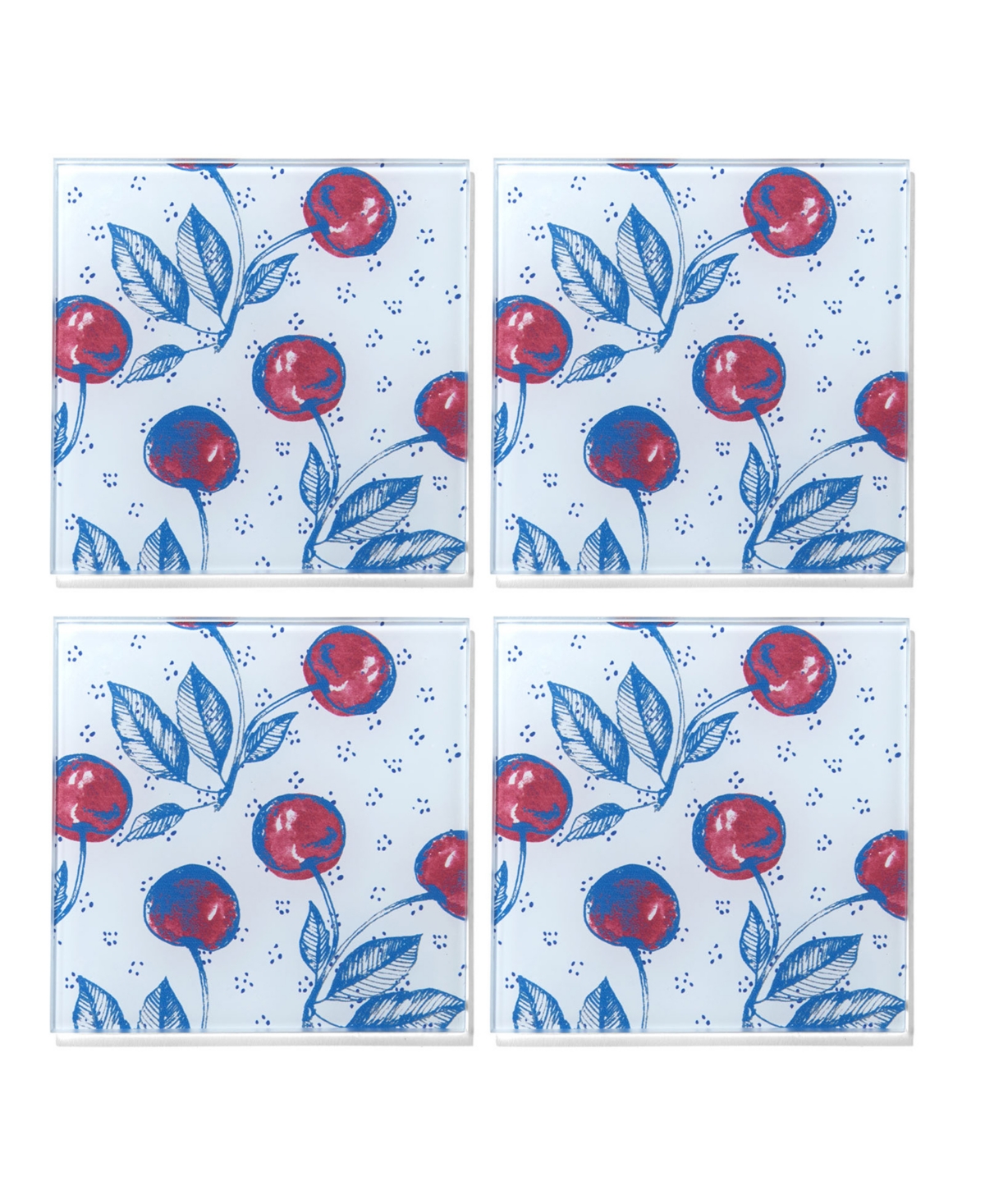 American Atelier 4 X 4" Cherry Picking Glass Coasters Set, 4 Piece In Blue