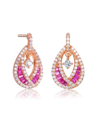 Sterling Silver 14K Gold Plated, 18K Rose Gold Plated and White Gold Plated Red Baguette and Clear Round Cubic Zirconia Pear Drop Earrings