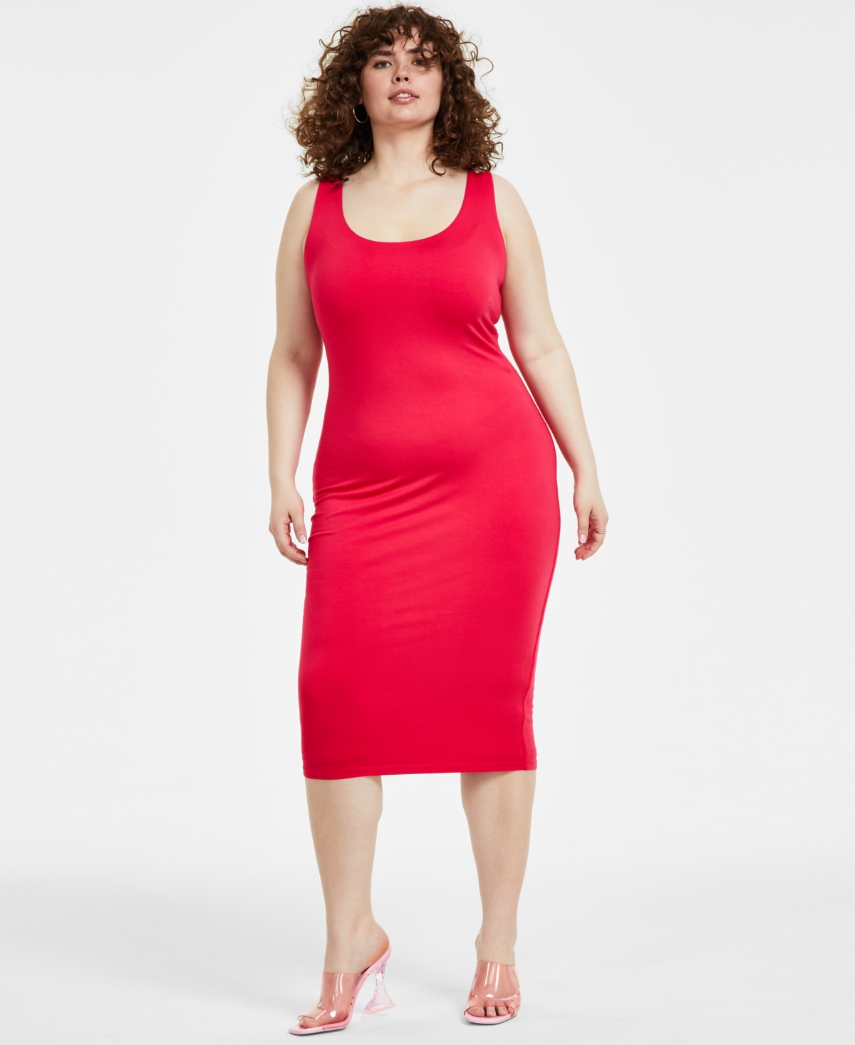 Bar Iii Trendy Plus Size Sleeveless Bodycon Midi Dress, Created For Macy's In Watermelon Pop