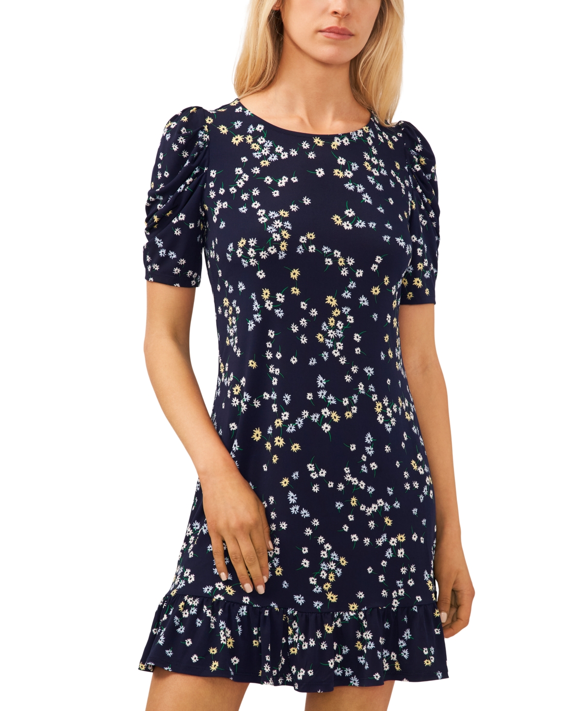 Cece Women's Printed Puff-sleeve Pullover Knit Dress In Navy J