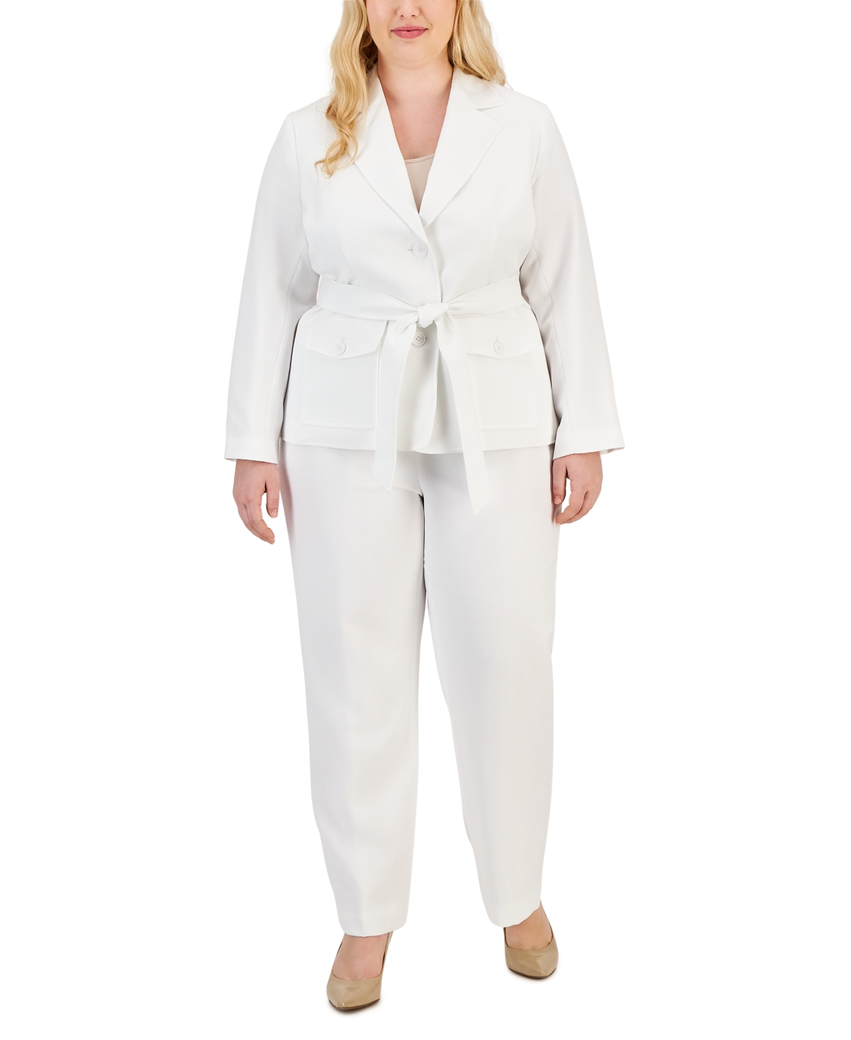 Le Suit Plus Size Belted Safari Jacket Pantsuit In White