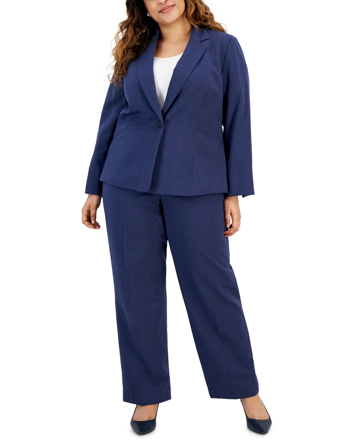 Plus Size Herringbone Single Button Blazer & Straight-Leg, Mid-Rise Pantsuit - Denim Blue