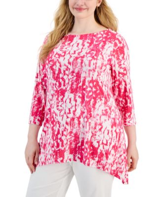JM Collection - Plus Size Floral Ikat Scoop-Neck Jacquard Top
