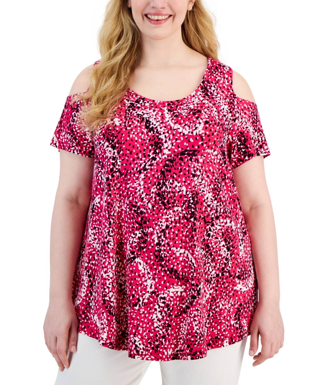 Jm Collection Plus Size Spotted Rain Cold-shoulder Top, Created For Macy's In Pink Fireball Combo