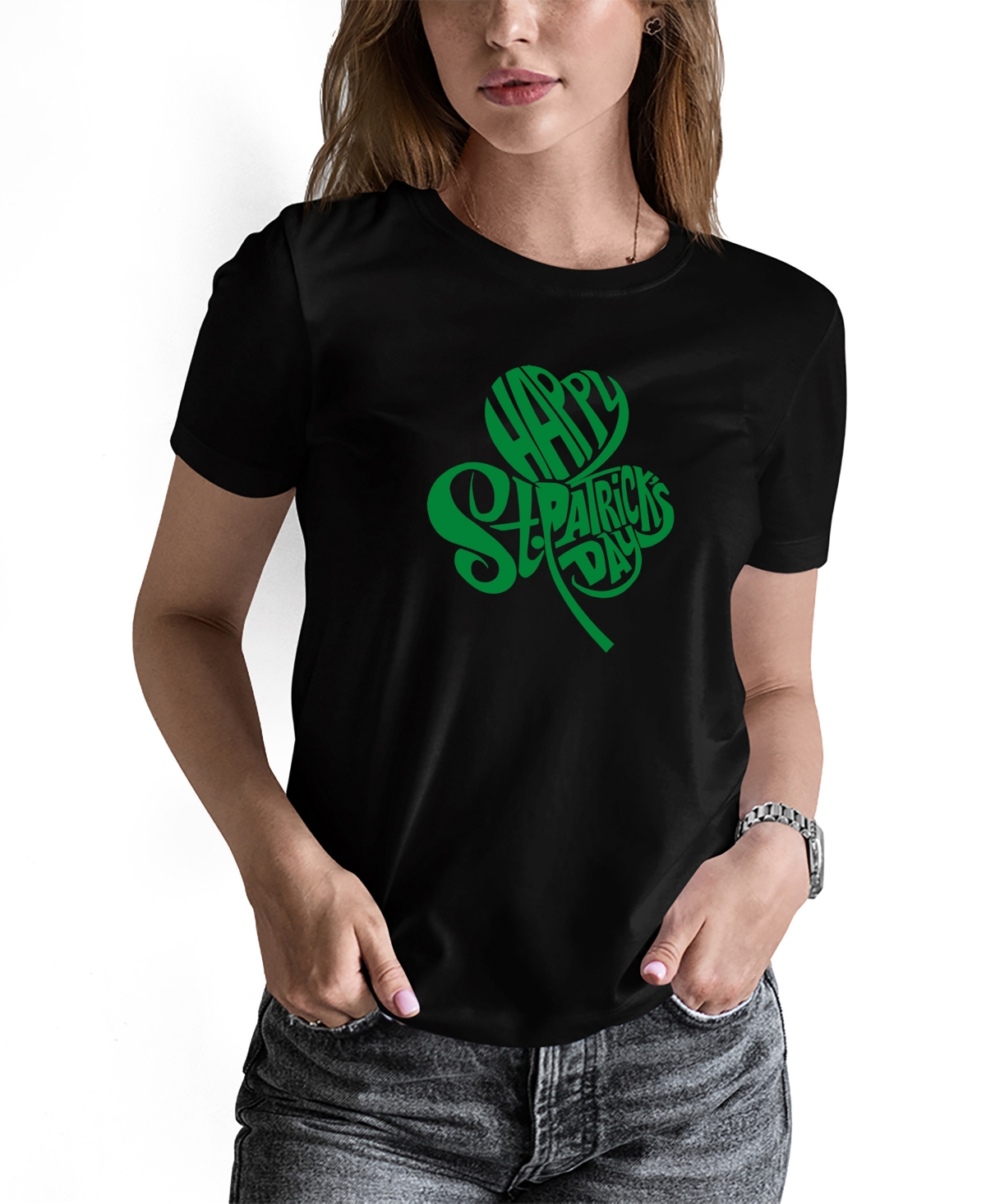 La Pop Art Women's St. Patrick's Day Shamrock Word Art Crew Neck T-shirt In Black