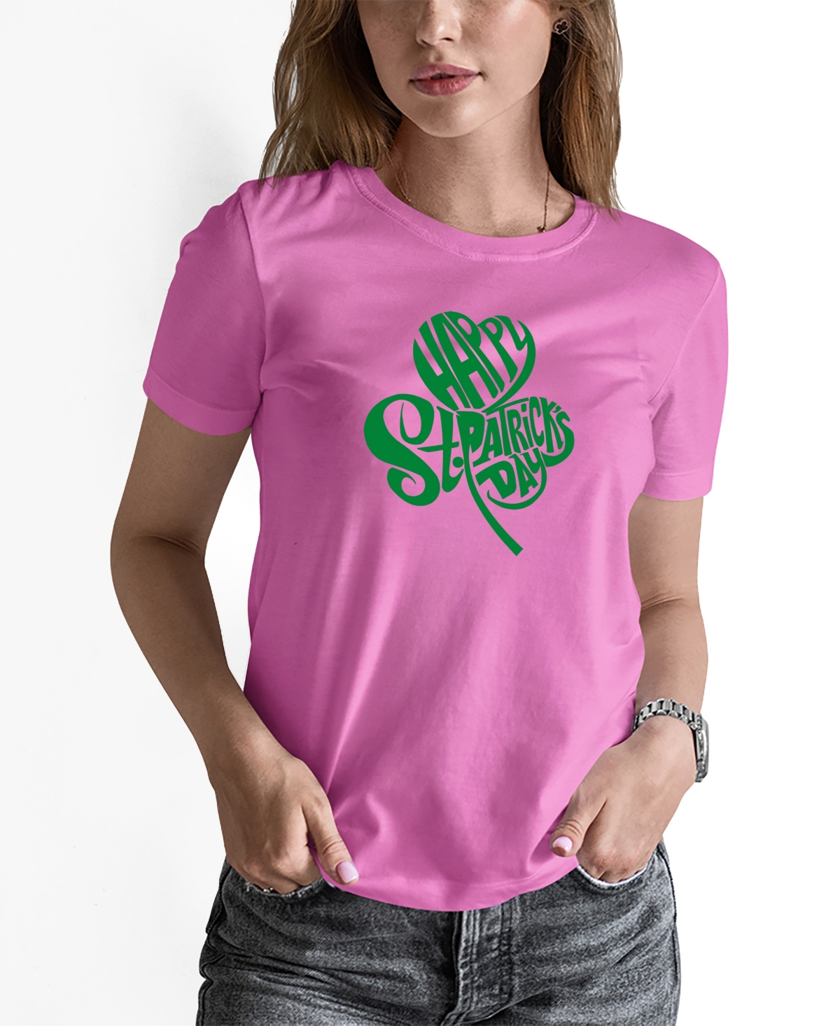 La Pop Art Women's St. Patrick's Day Shamrock Word Art Crew Neck T-shirt In Pink