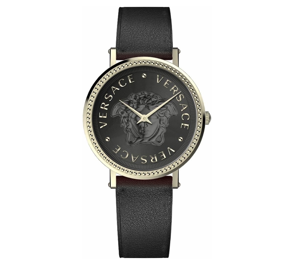 Versace 37mm V-dollar Watch With Leather Strap, Yellow Gold/black