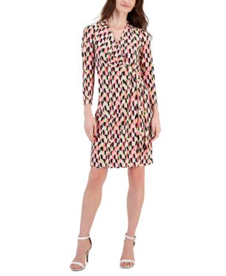 Anne Klein - Women's Geo-Print 3/4-Sleeve Wrap Dress