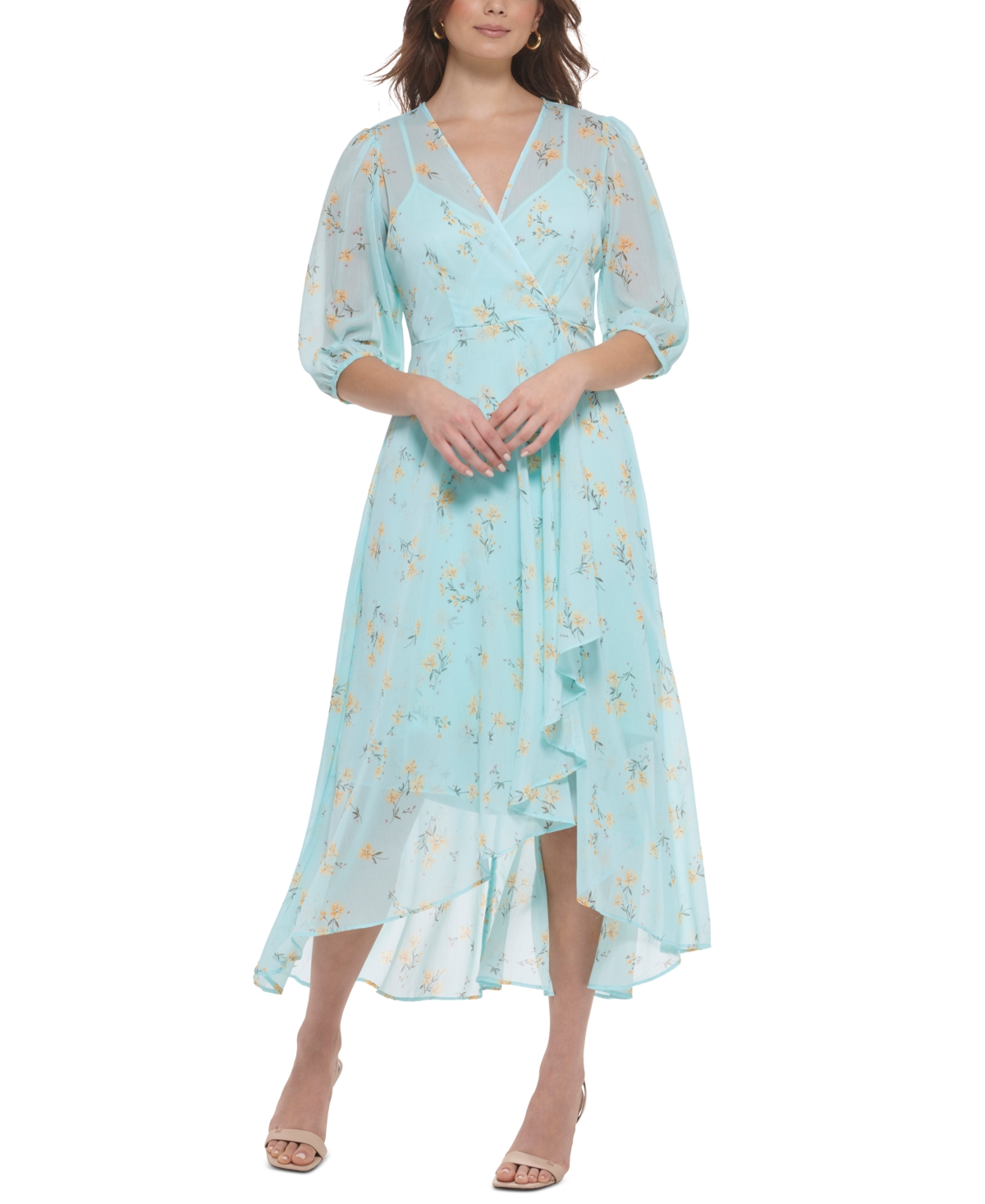 Calvin Klein Floral Print Chiffon Midi Dress In Pale Aqua Multi | ModeSens