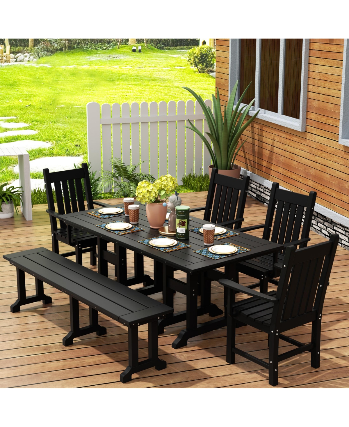 WestinTrends 6 Piece Outdoor Patio Dining Set Table and Bench Armchair
