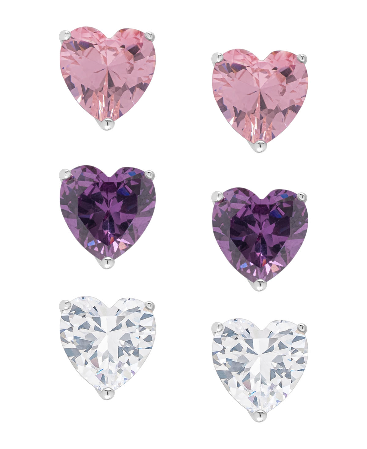 Macy's Silver Plated Brass Pink, Purple And White Cubic Zirconia Heart Stud Earrings Set