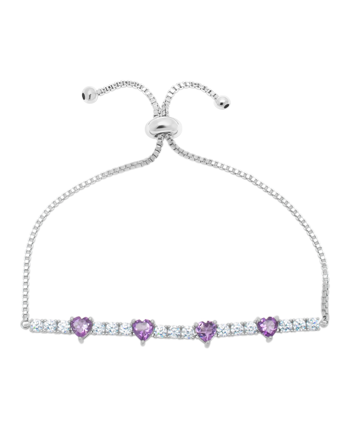 Macy's Silver Plated Brass Simulated Amethyst And Cubic Zirconia Heart Link Bracelet In Silver