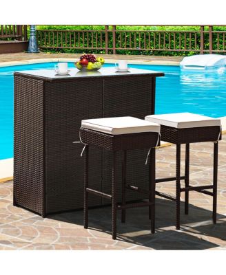 3PCS Patio Rattan Wicker Bar Table Stools Dining Set Cushioned