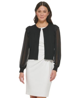 DKNY - Women's Mixed-Media Ruffled-Shoulder Cardigan Sweater