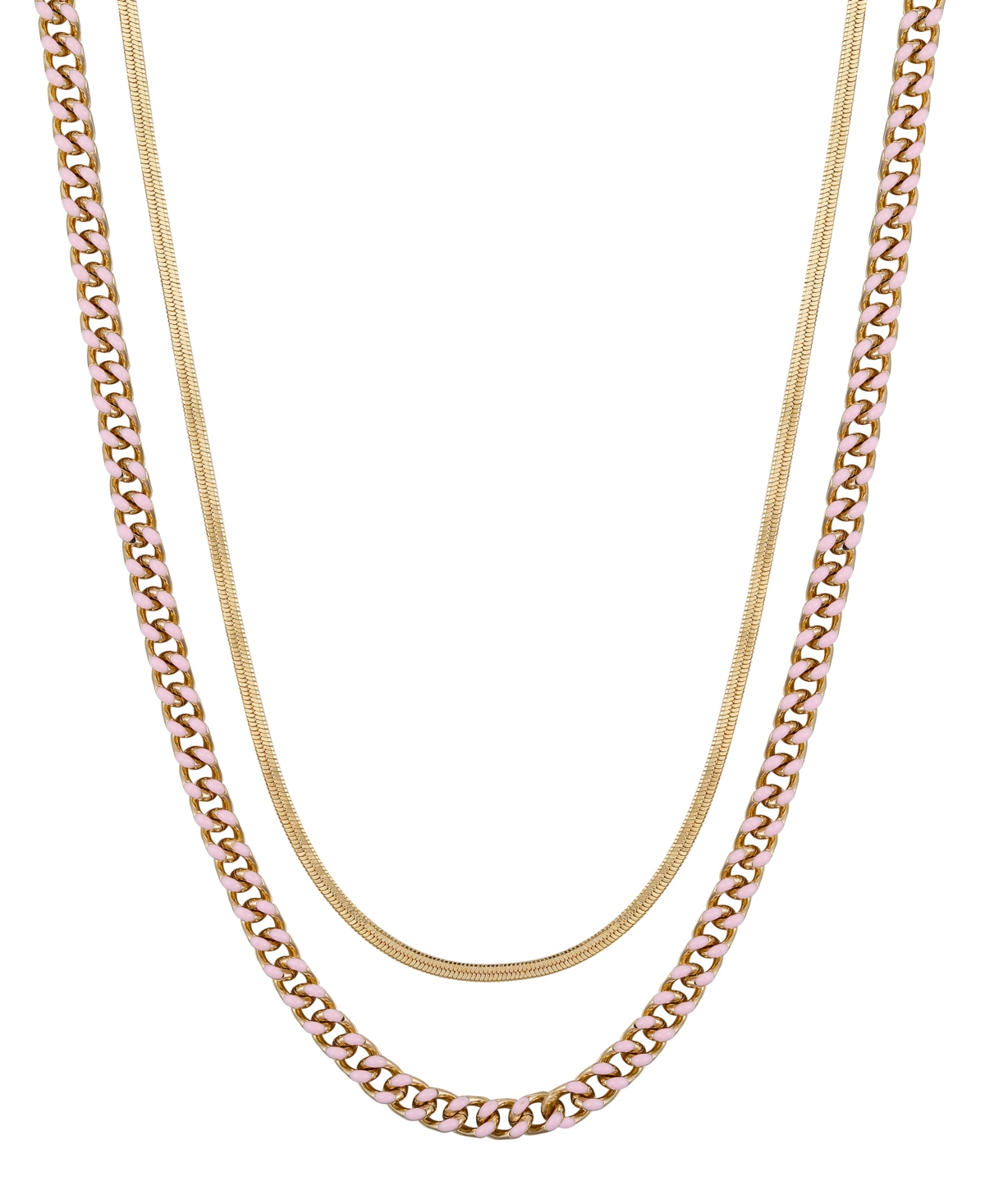 Unwritten 14k Gold Flash-plated Light Pink Enamel Curb Chain And Herringbone Chain Necklace Set