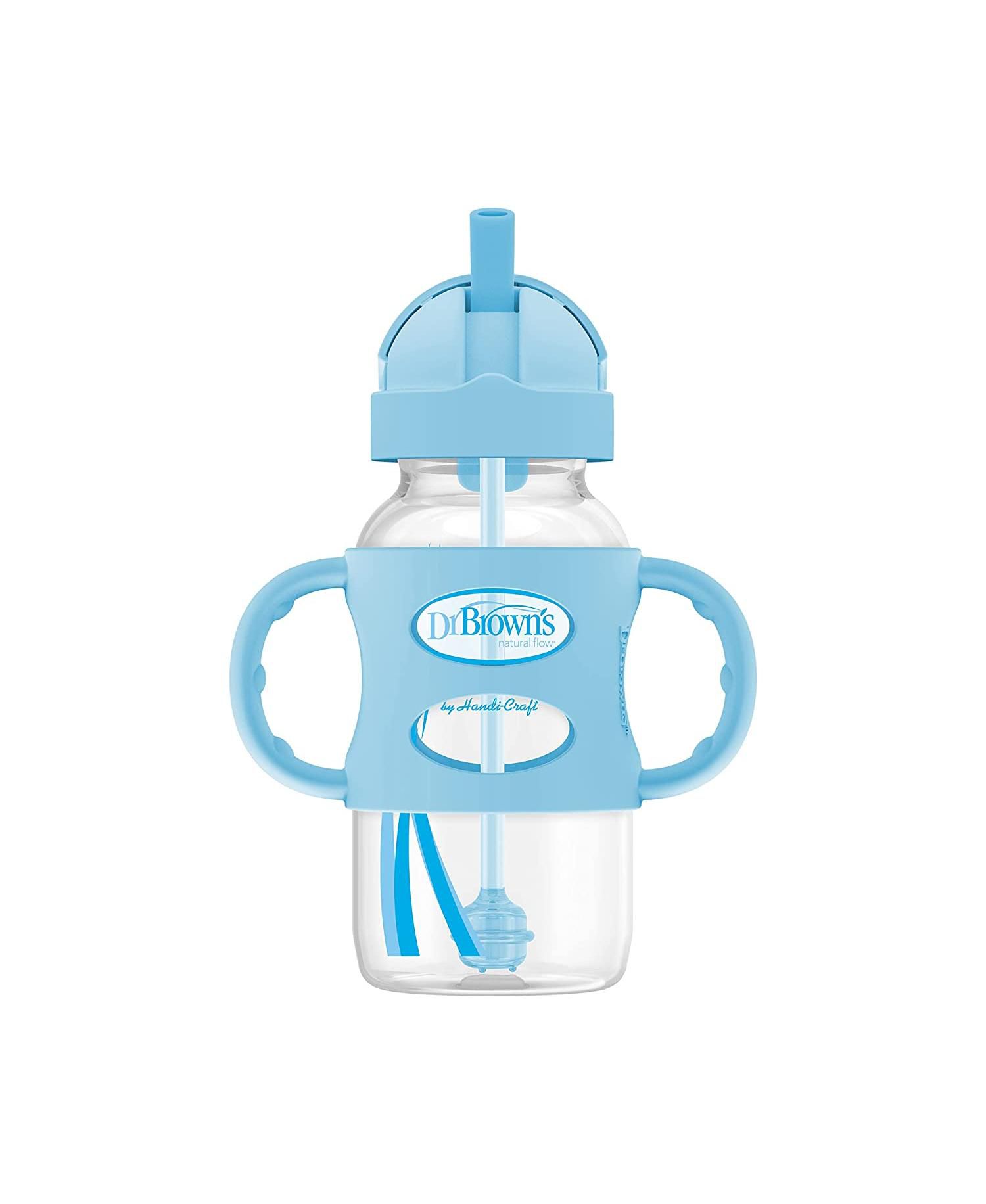 Baby Wide-Neck Sippy Straw Bottle with 100% Silicone Handles, 9oz, Blue