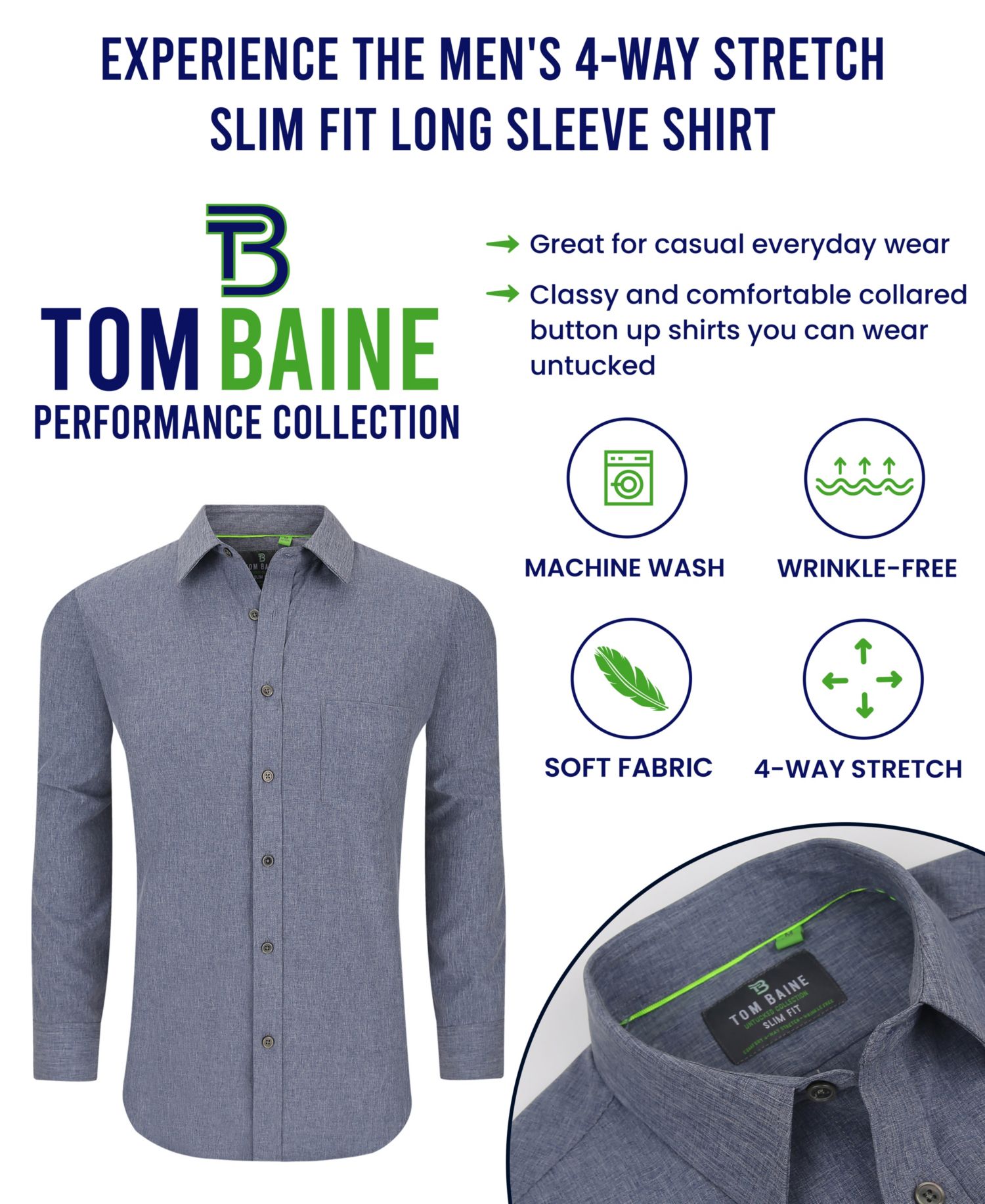 Men's Slim Fit Performance Long Sleeve Solid Button Down Dress Shirt
