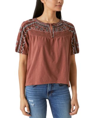 Lucky Brand - Women's Short-Sleeve Embroidered Top