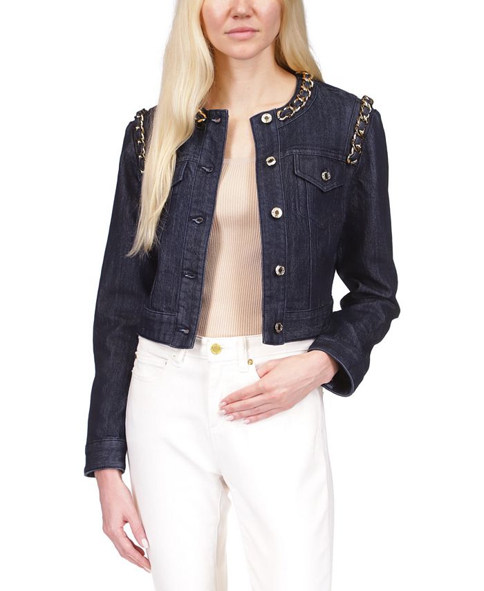 Buy Michael Kors Women Dark-Wash MK Chain Logo Denim Jacket With Faux Fur  Collar Online - 913961