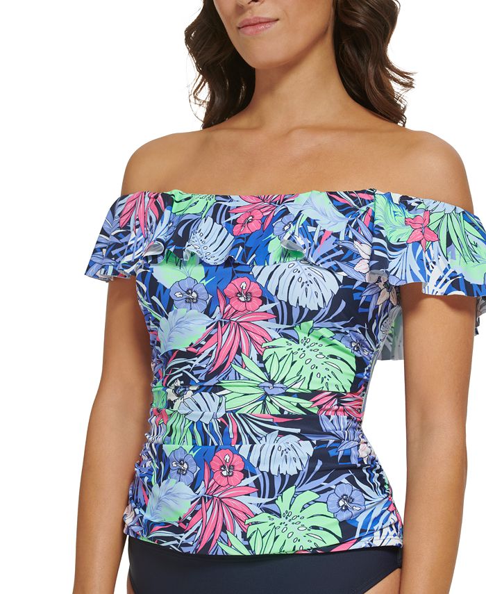 Afbrydelse shampoo nærme sig Tommy Hilfiger Women's Printed Ruffled Off-The-Shoulder Tankini Top - Macy's