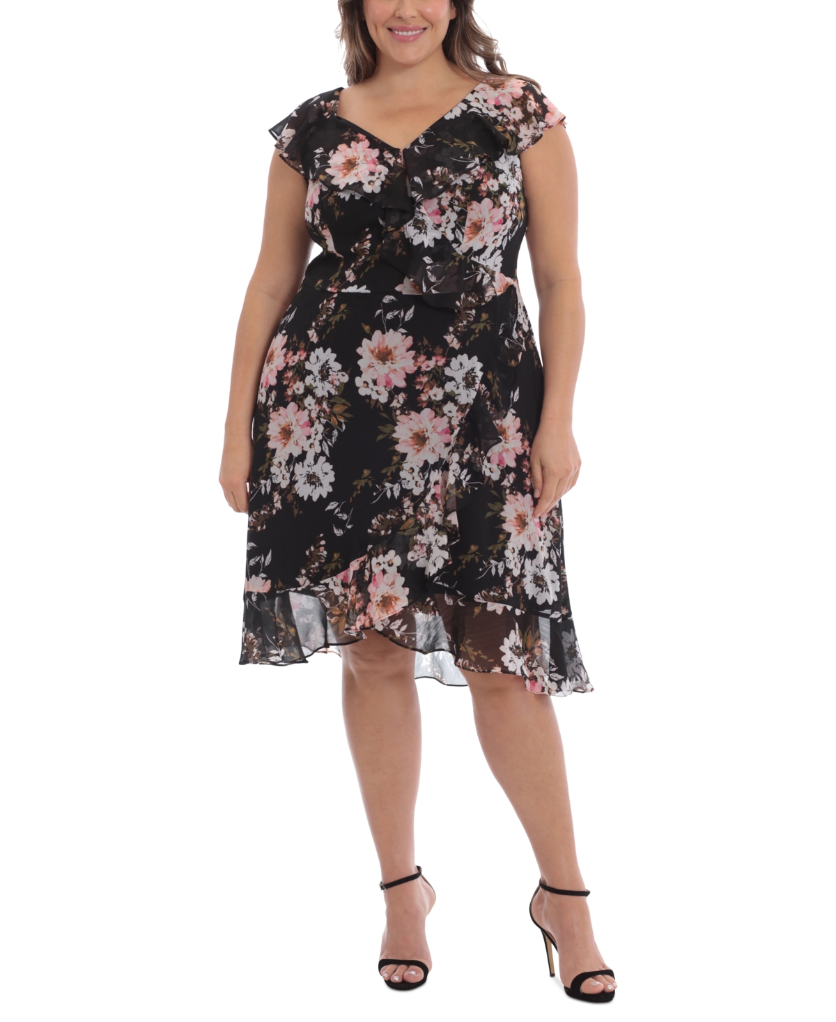 London Times Plus Size Printed Ruffled Faux-Wrap Dress