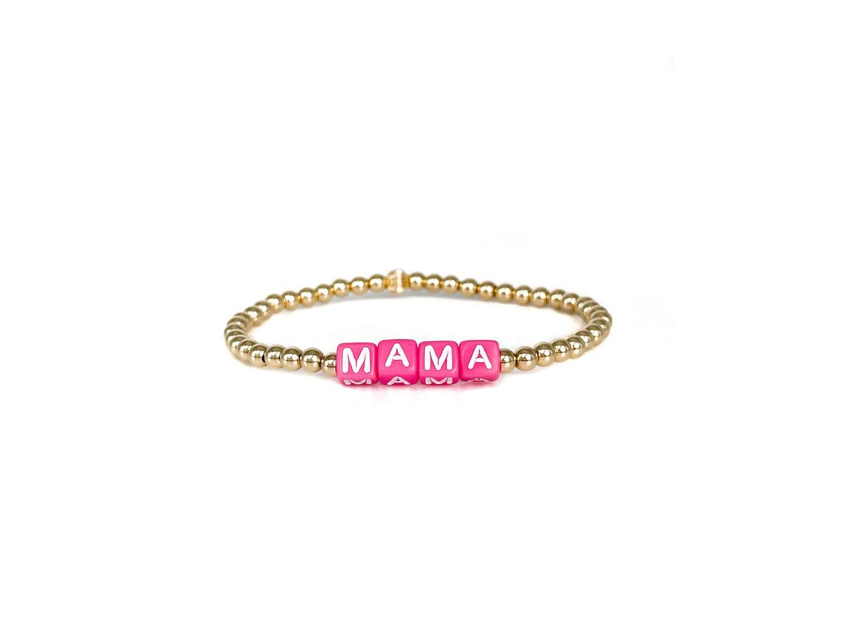 Non-Tarnishing Gold filled, 4mm Gold Ball Pink "Mama" Stretch Bracelet - Gold
