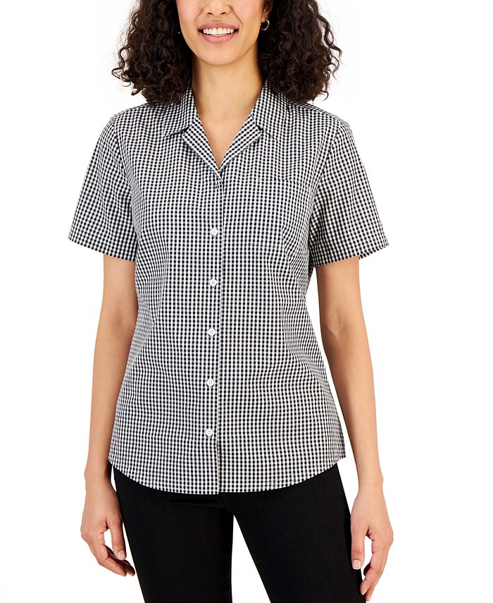 Karen Scott Women's Gingham Short-Sleeve Camp Collar Shirt, Created for ...