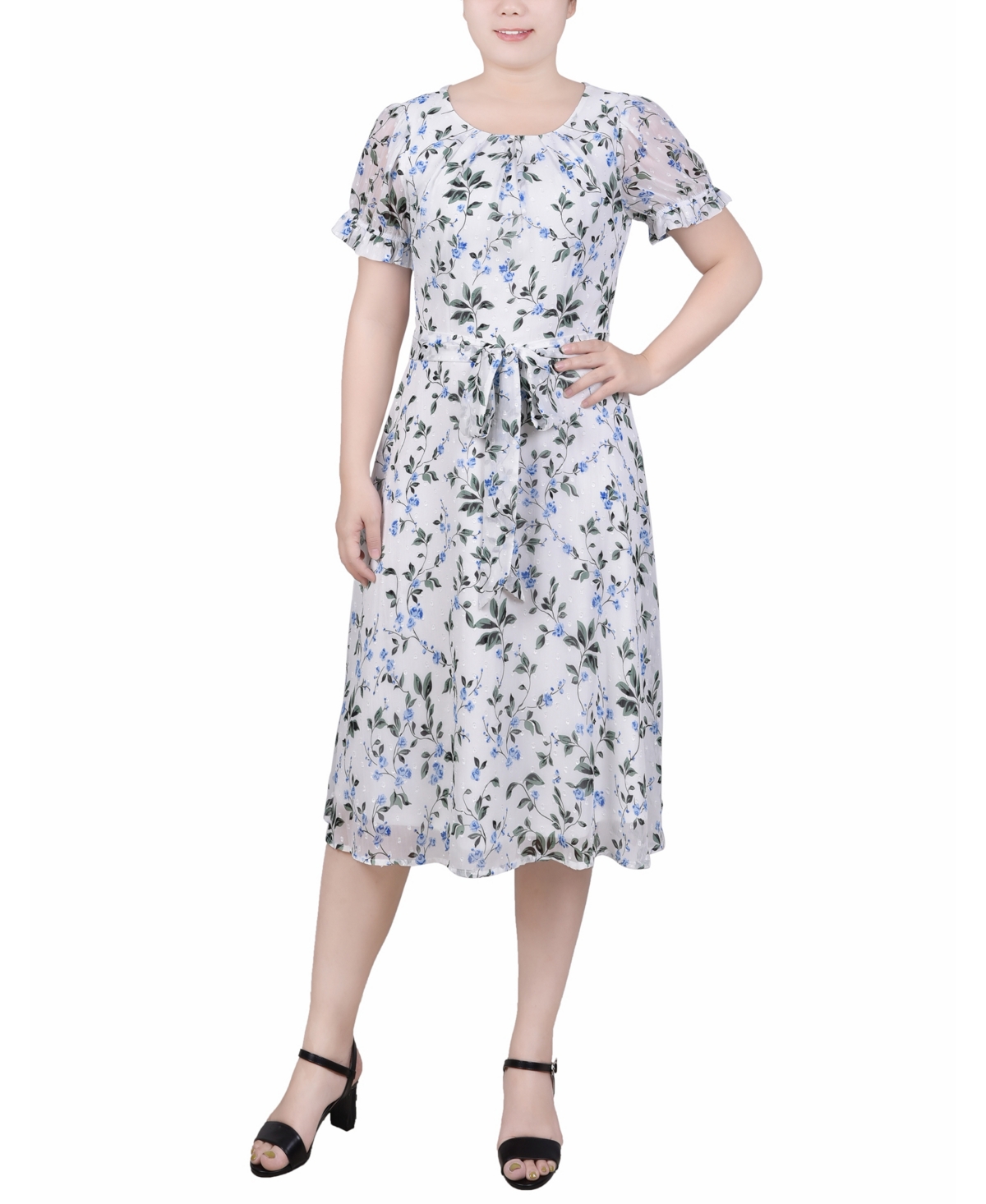 Ny Collection Petite Short Sleeve Belted Swiss Dot Dress In Ivory Blue Floral