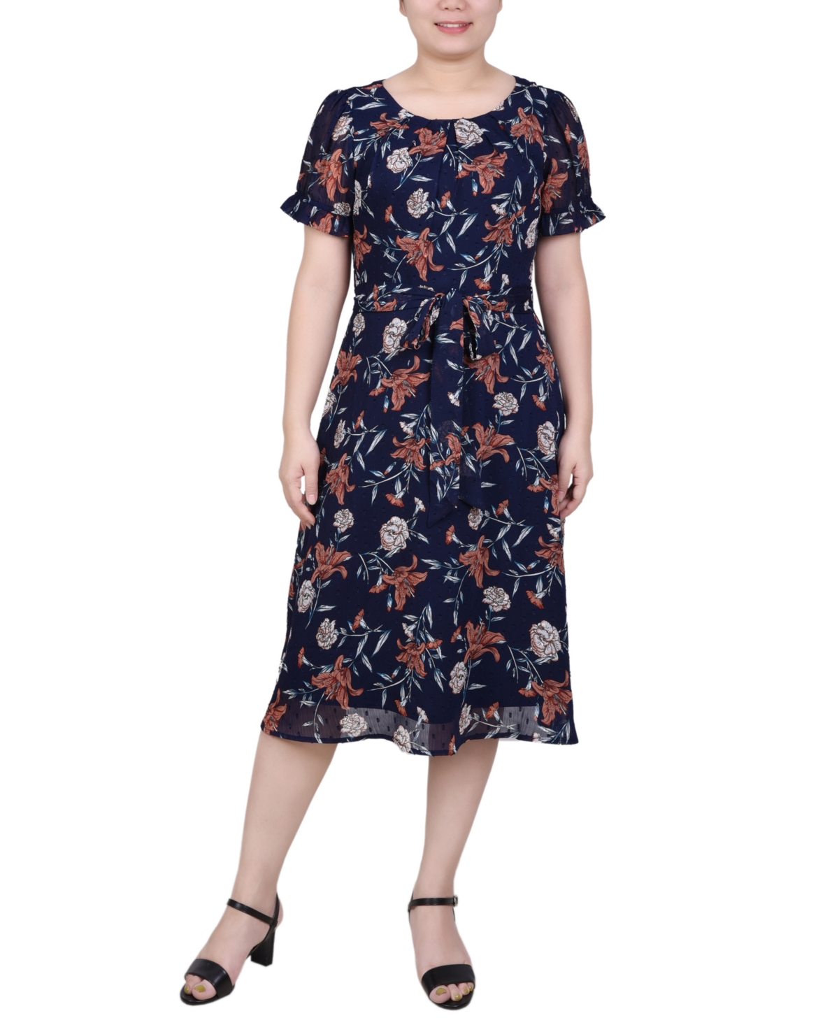 Ny Collection Petite Short Sleeve Belted Swiss Dot Dress In Navy Rust Floral