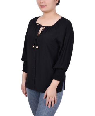 Petite Button Front 3/4 Sleeve Blouse