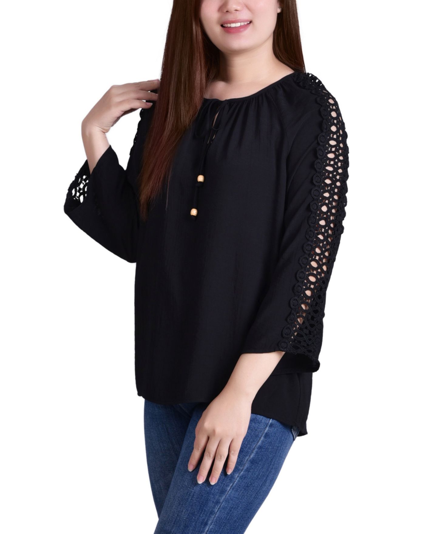 Женская блузка NY Collection Petite Crochet Detail 3/4 Sleeve, цвет: Чёрный — фото 3