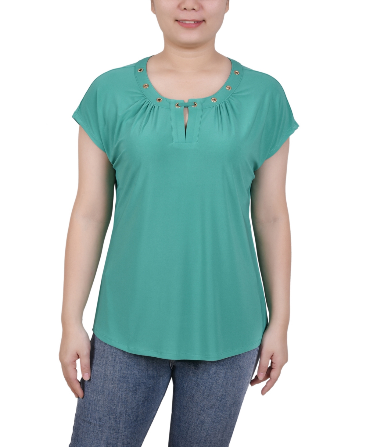 Ny Collection Petite Grommet Neck Knit Short Extended Sleeve Top In Emerald