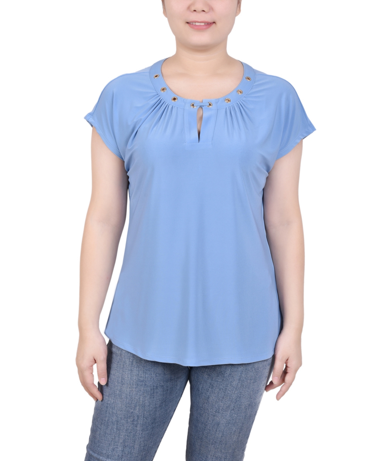 Ny Collection Petite Grommet Neck Knit Short Extended Sleeve Top In Silver Lake Blue