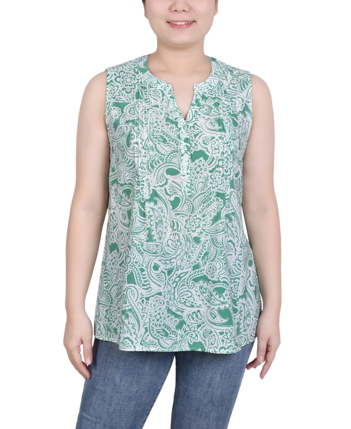 Ny Collection Petite Sleeveless Pintucked Blouse In Green Paisley Floral